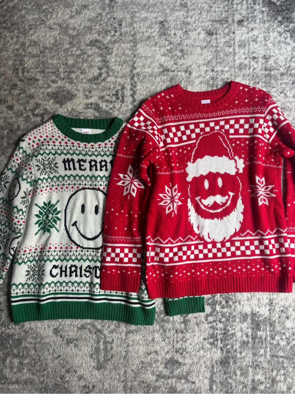 Holiday Time Red & White Santa + White & Green Merry Face Holiday Crewnecks